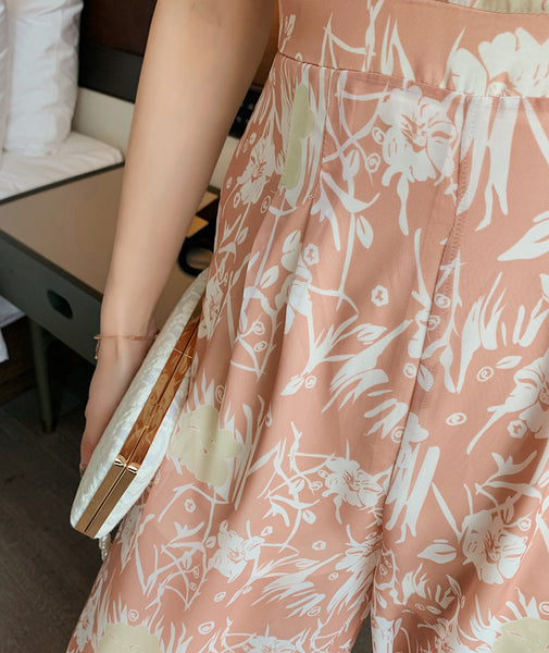 Summer Temperament Women Off Shoulder Halter Neck Pink Chiffon Jumpsuit Loose Wide Leg Trousers