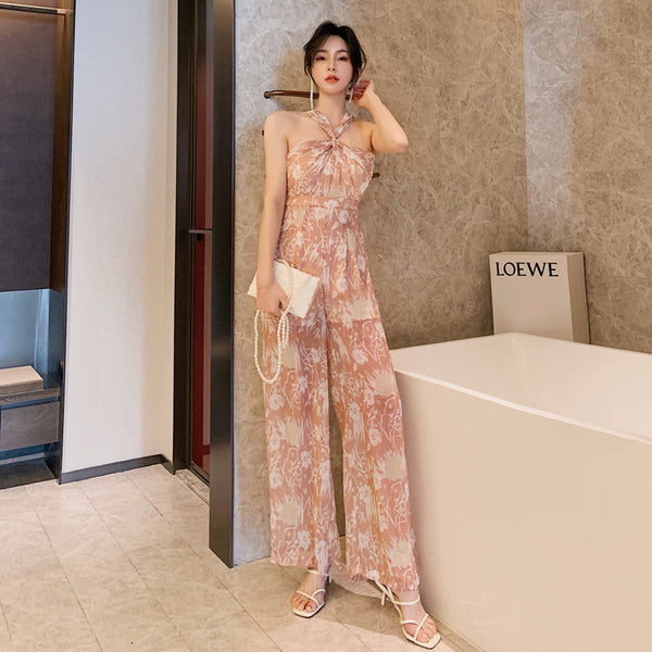 Summer Temperament Women Off Shoulder Halter Neck Pink Chiffon Jumpsuit Loose Wide Leg Trousers