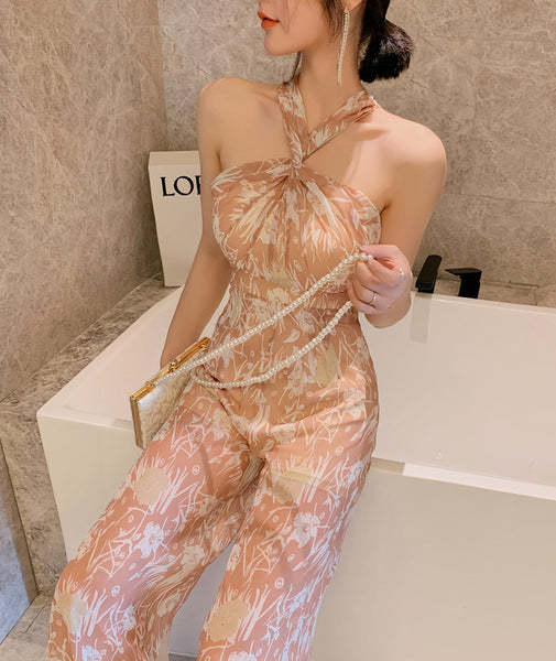 Summer Temperament Women Off Shoulder Halter Neck Pink Chiffon Jumpsuit Loose Wide Leg Trousers