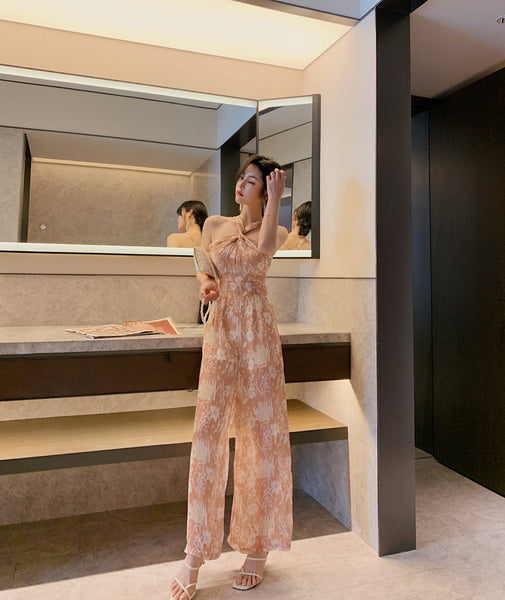 Summer Temperament Women Off Shoulder Halter Neck Pink Chiffon Jumpsuit Loose Wide Leg Trousers