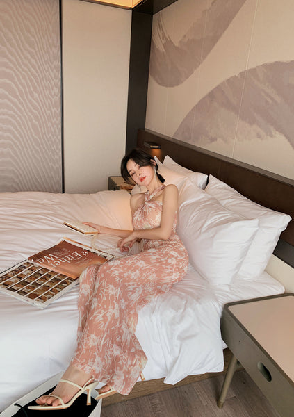 Summer Temperament Women Off Shoulder Halter Neck Pink Chiffon Jumpsuit Loose Wide Leg Trousers