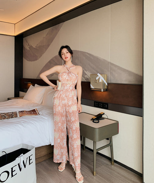 Summer Temperament Women Off Shoulder Halter Neck Pink Chiffon Jumpsuit Loose Wide Leg Trousers