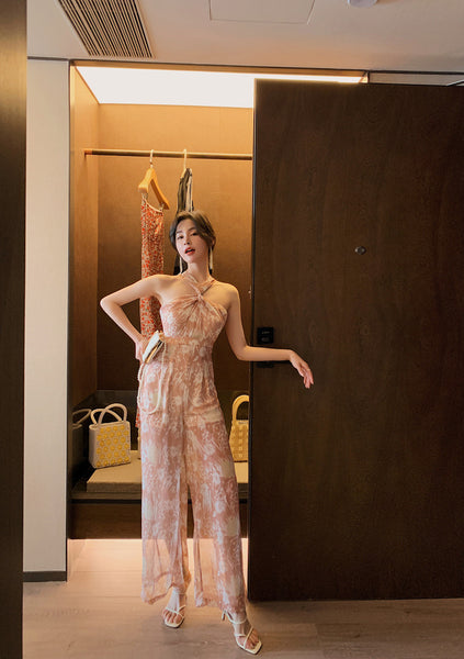 Summer Temperament Women Off Shoulder Halter Neck Pink Chiffon Jumpsuit Loose Wide Leg Trousers