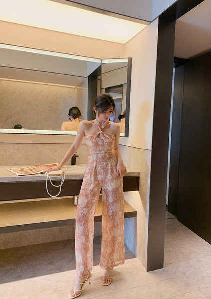 Summer Temperament Women Off Shoulder Halter Neck Pink Chiffon Jumpsuit Loose Wide Leg Trousers