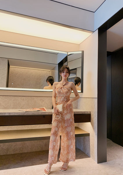 Summer Temperament Women Off Shoulder Halter Neck Pink Chiffon Jumpsuit Loose Wide Leg Trousers