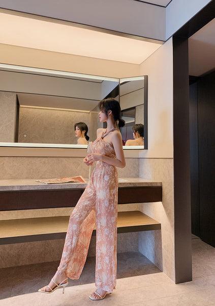 Summer Temperament Women Off Shoulder Halter Neck Pink Chiffon Jumpsuit Loose Wide Leg Trousers