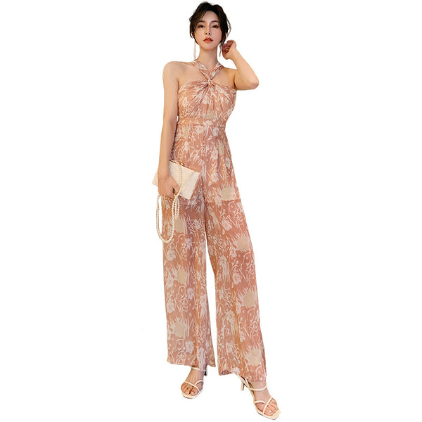 Summer Temperament Women Off Shoulder Halter Neck Pink Chiffon Jumpsuit Loose Wide Leg Trousers