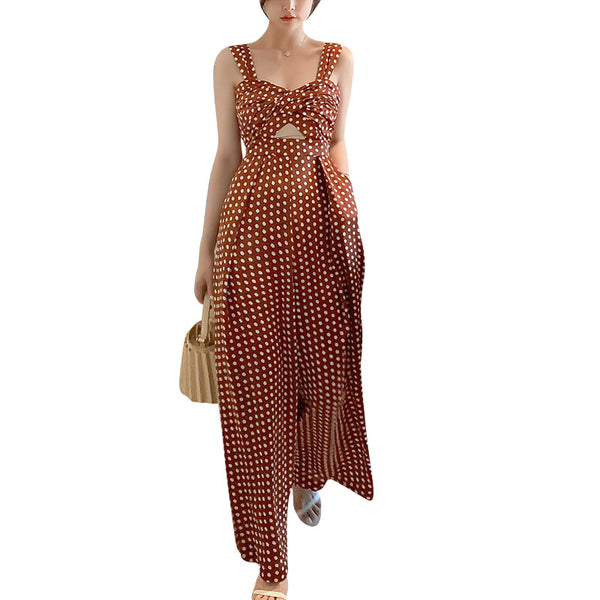Summer Holiday Women Retro Polka White Dot Brown Shoulder Strap Jumpsuit Wide Leg High Waist Pants