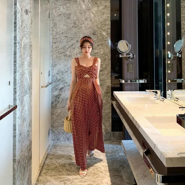 Summer Holiday Women Retro Polka White Dot Brown Shoulder Strap Jumpsuit Wide Leg High Waist Pants