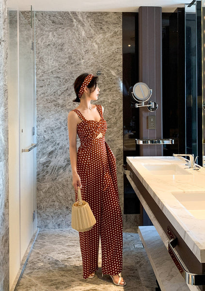 Summer Holiday Women Retro Polka White Dot Brown Shoulder Strap Jumpsuit Wide Leg High Waist Pants