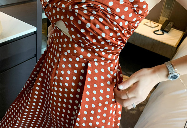 Summer Holiday Women Retro Polka White Dot Brown Shoulder Strap Jumpsuit Wide Leg High Waist Pants