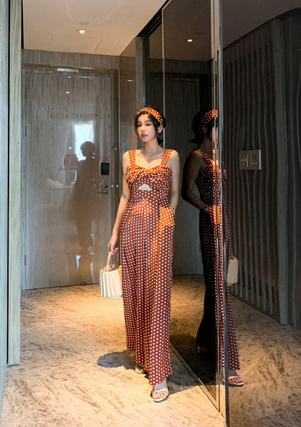 Summer Holiday Women Retro Polka White Dot Brown Shoulder Strap Jumpsuit Wide Leg High Waist Pants