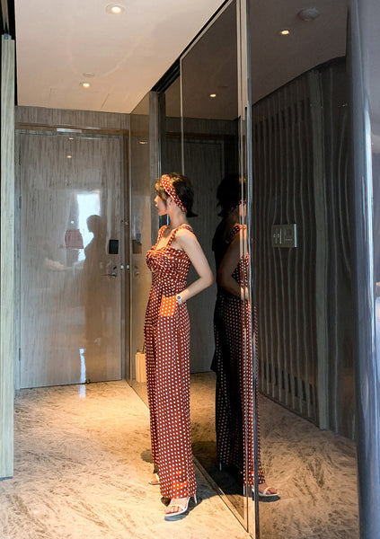 Summer Holiday Women Retro Polka White Dot Brown Shoulder Strap Jumpsuit Wide Leg High Waist Pants