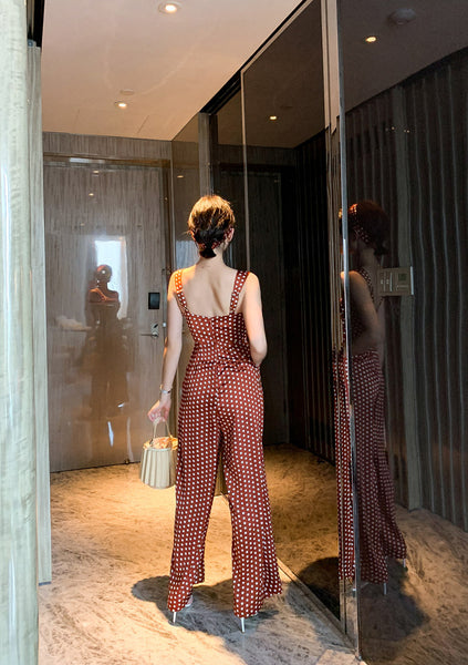 Summer Holiday Women Retro Polka White Dot Brown Shoulder Strap Jumpsuit Wide Leg High Waist Pants