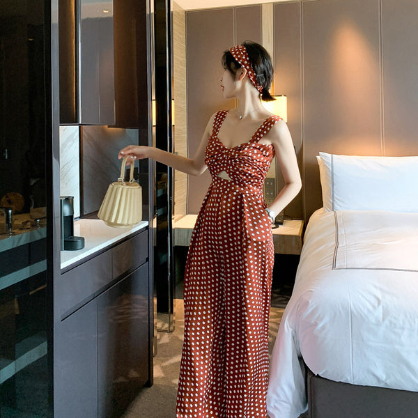 Summer Holiday Women Retro Polka White Dot Brown Shoulder Strap Jumpsuit Wide Leg High Waist Pants
