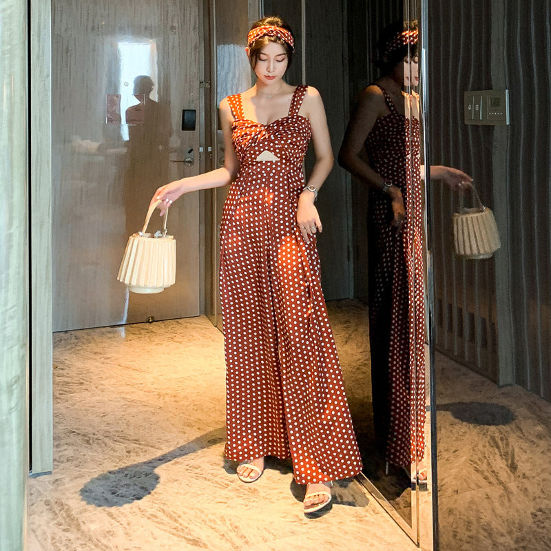 Summer Holiday Women Retro Polka White Dot Brown Shoulder Strap Jumpsuit Wide Leg High Waist Pants