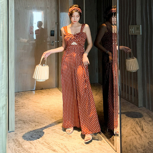 Summer Holiday Women Retro Polka White Dot Brown Shoulder Strap Jumpsuit Wide Leg High Waist Pants