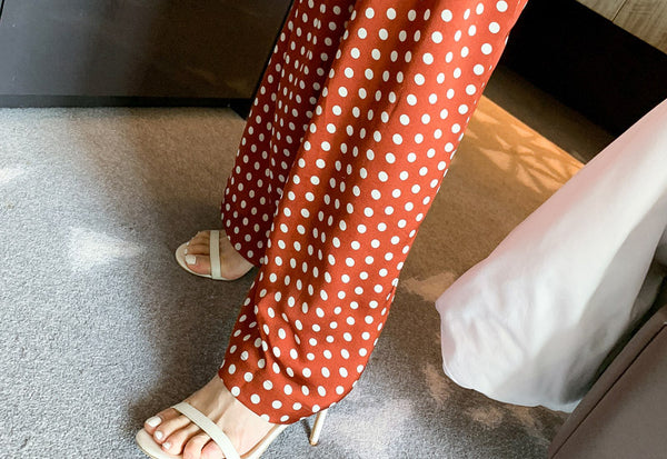 Summer Holiday Women Retro Polka White Dot Brown Shoulder Strap Jumpsuit Wide Leg High Waist Pants