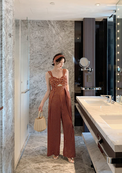 Summer Holiday Women Retro Polka White Dot Brown Shoulder Strap Jumpsuit Wide Leg High Waist Pants