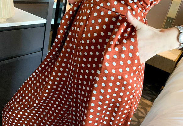 Summer Holiday Women Retro Polka White Dot Brown Shoulder Strap Jumpsuit Wide Leg High Waist Pants