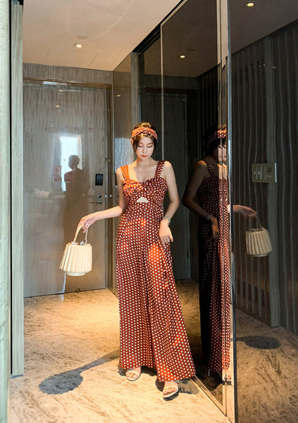 Summer Holiday Women Retro Polka White Dot Brown Shoulder Strap Jumpsuit Wide Leg High Waist Pants