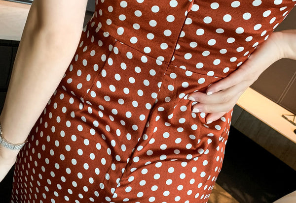 Summer Holiday Women Retro Polka White Dot Brown Shoulder Strap Jumpsuit Wide Leg High Waist Pants
