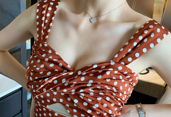 Summer Holiday Women Retro Polka White Dot Brown Shoulder Strap Jumpsuit Wide Leg High Waist Pants