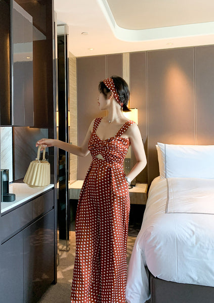 Summer Holiday Women Retro Polka White Dot Brown Shoulder Strap Jumpsuit Wide Leg High Waist Pants