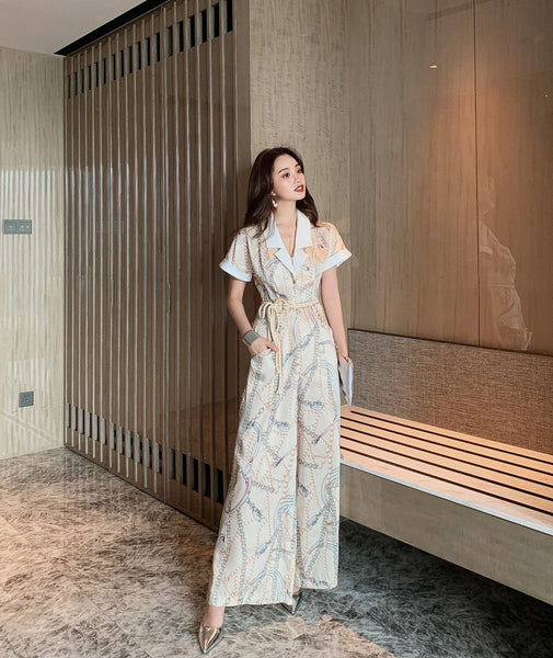 Summer Retro Vintage Fashion Suit White Collar Short Sleeves straight Pants High Waist Jumpsuit Pantsuit