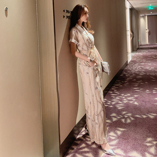 Summer Retro Vintage Fashion Suit White Collar Short Sleeves straight Pants High Waist Jumpsuit Pantsuit