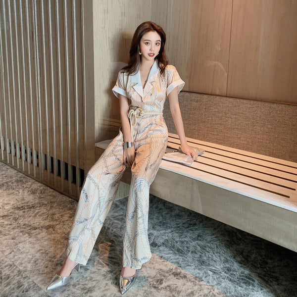 Summer Retro Vintage Fashion Suit White Collar Short Sleeves straight Pants High Waist Jumpsuit Pantsuit