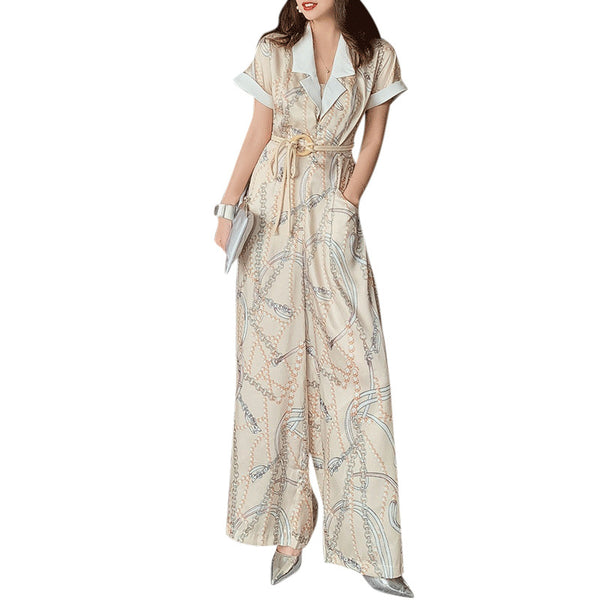 Summer Retro Vintage Fashion Suit White Collar Short Sleeves straight Pants High Waist Jumpsuit Pantsuit