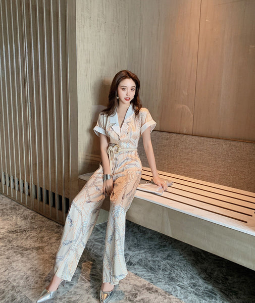 Summer Retro Vintage Fashion Suit White Collar Short Sleeves straight Pants High Waist Jumpsuit Pantsuit
