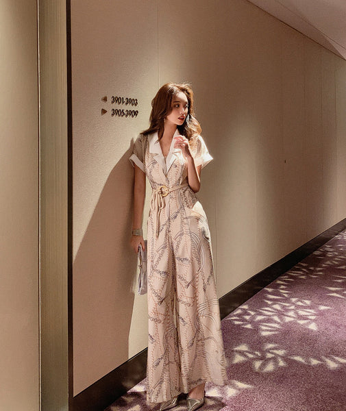 Summer Retro Vintage Fashion Suit White Collar Short Sleeves straight Pants High Waist Jumpsuit Pantsuit