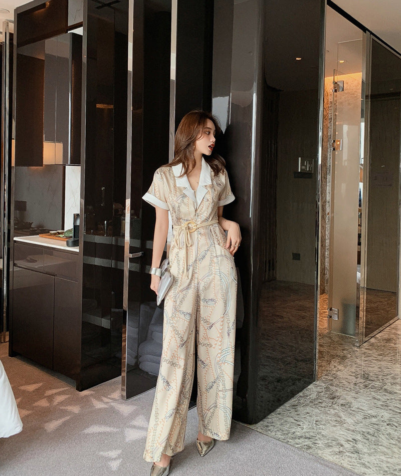 Summer Retro Vintage Fashion Suit White Collar Short Sleeves straight Pants High Waist Jumpsuit Pantsuit