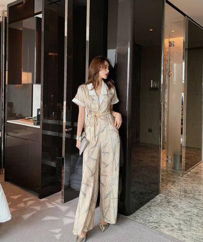 Summer Retro Vintage Fashion Suit White Collar Short Sleeves straight Pants High Waist Jumpsuit Pantsuit