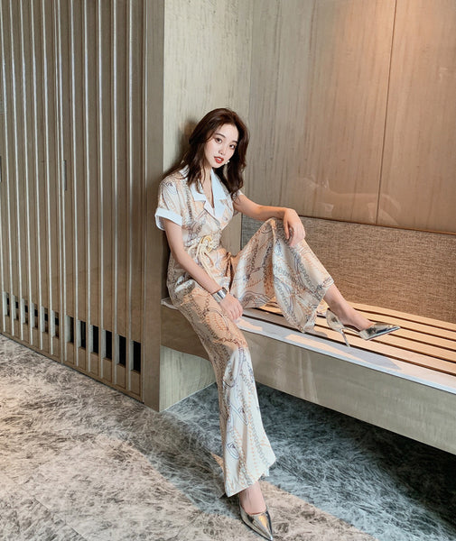 Summer Retro Vintage Fashion Suit White Collar Short Sleeves straight Pants High Waist Jumpsuit Pantsuit