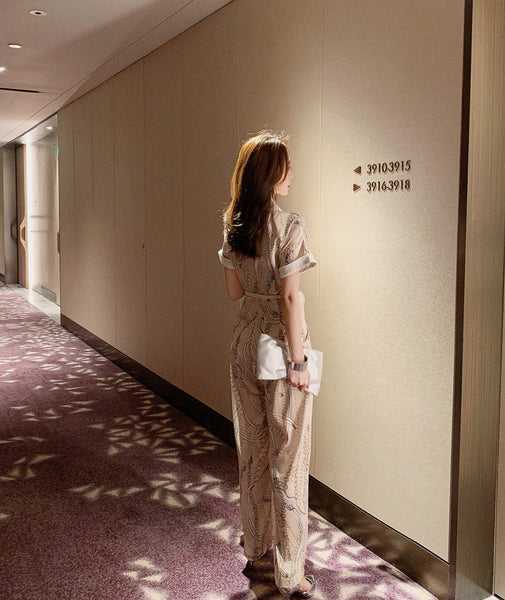 Summer Retro Vintage Fashion Suit White Collar Short Sleeves straight Pants High Waist Jumpsuit Pantsuit