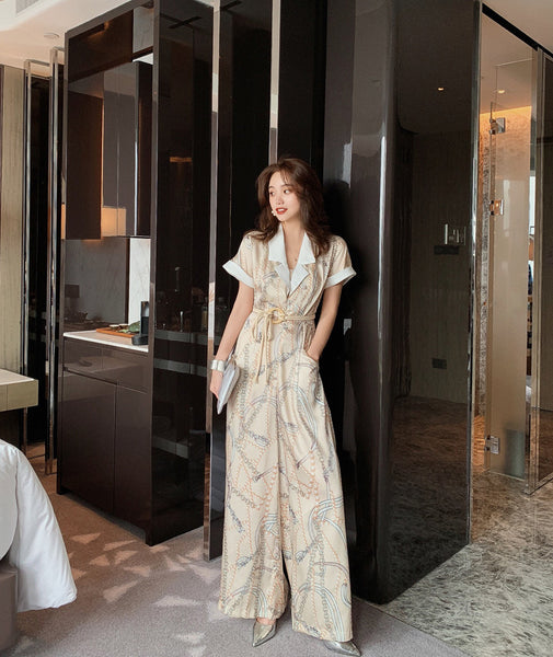 Summer Retro Vintage Fashion Suit White Collar Short Sleeves straight Pants High Waist Jumpsuit Pantsuit