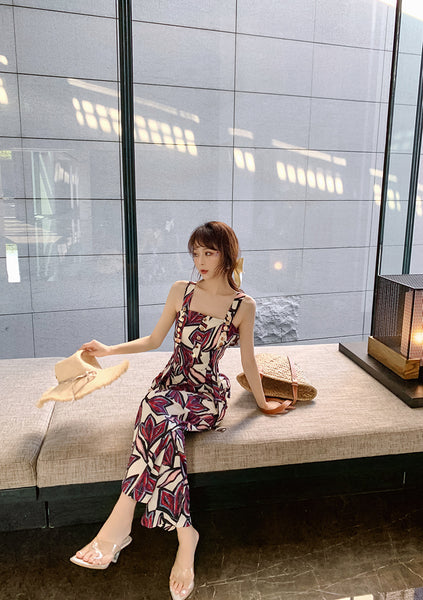 Trendy Sexy Women Seaside Graffiti Floral Print High Waist Soft Smooth Jumpsuit Wide Long Leg Pants