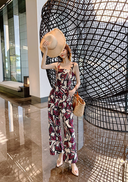Trendy Sexy Women Seaside Graffiti Floral Print High Waist Soft Smooth Jumpsuit Wide Long Leg Pants