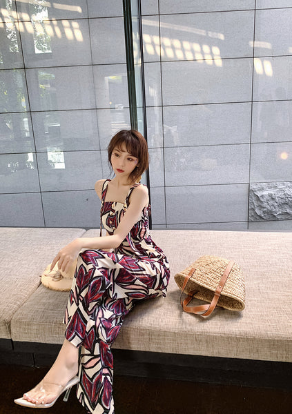 Trendy Sexy Women Seaside Graffiti Floral Print High Waist Soft Smooth Jumpsuit Wide Long Leg Pants