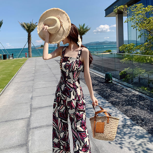 Trendy Sexy Women Seaside Graffiti Floral Print High Waist Soft Smooth Jumpsuit Wide Long Leg Pants