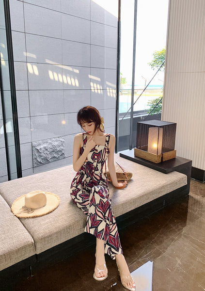 Trendy Sexy Women Seaside Graffiti Floral Print High Waist Soft Smooth Jumpsuit Wide Long Leg Pants