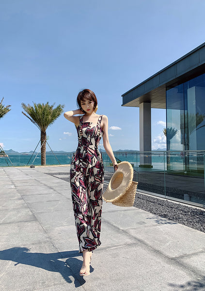 Trendy Sexy Women Seaside Graffiti Floral Print High Waist Soft Smooth Jumpsuit Wide Long Leg Pants