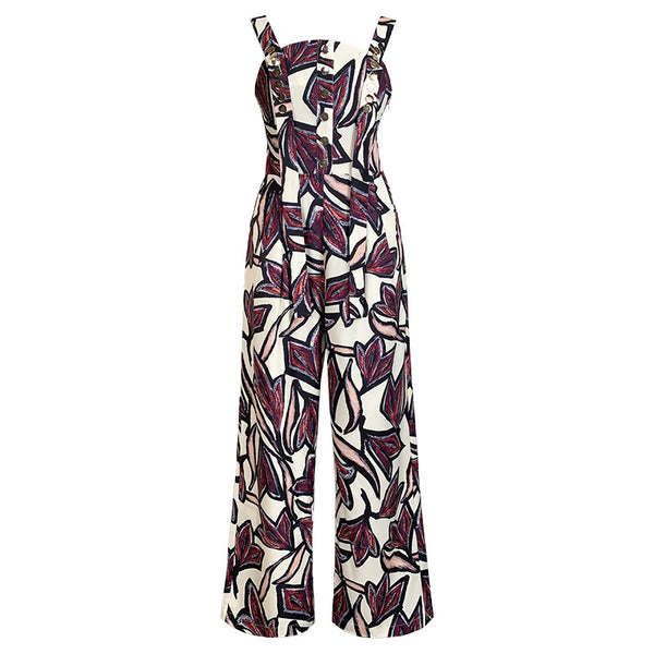 Trendy Sexy Women Seaside Graffiti Floral Print High Waist Soft Smooth Jumpsuit Wide Long Leg Pants