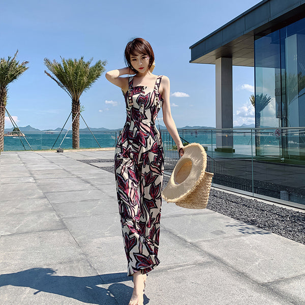 Trendy Sexy Women Seaside Graffiti Floral Print High Waist Soft Smooth Jumpsuit Wide Long Leg Pants