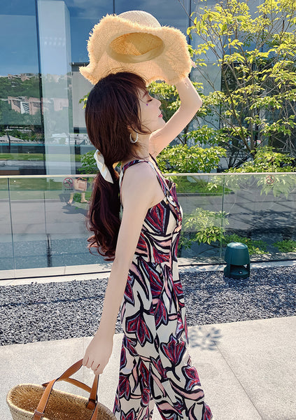 Trendy Sexy Women Seaside Graffiti Floral Print High Waist Soft Smooth Jumpsuit Wide Long Leg Pants