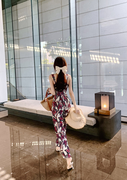 Trendy Sexy Women Seaside Graffiti Floral Print High Waist Soft Smooth Jumpsuit Wide Long Leg Pants