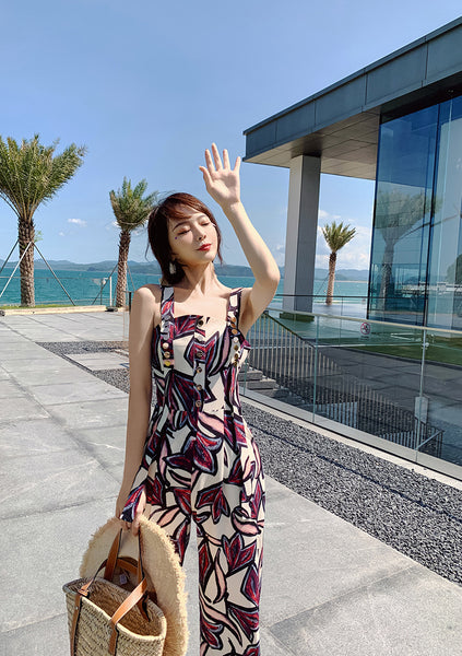 Trendy Sexy Women Seaside Graffiti Floral Print High Waist Soft Smooth Jumpsuit Wide Long Leg Pants